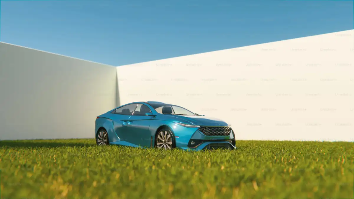 A blue car is parked in a grassy area